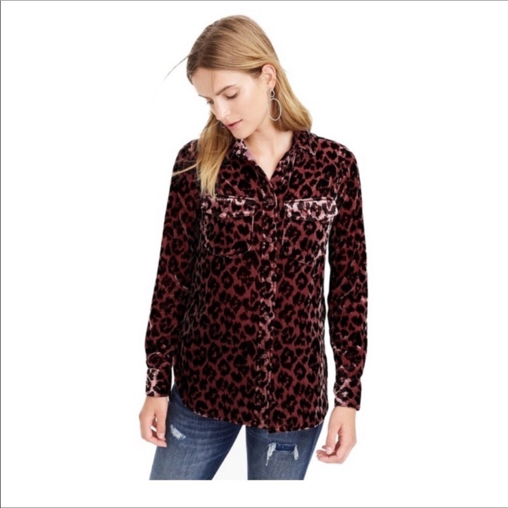 J CREW Rose Colored Velvet Leopard Print Button Down Long Sleeve Shirt Top